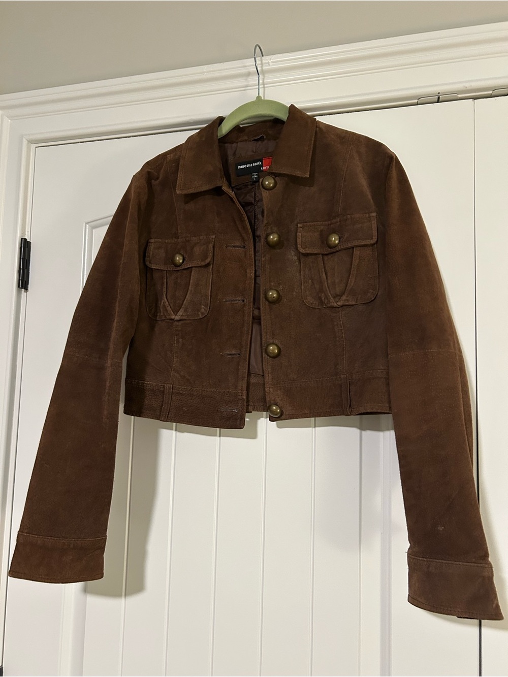 Brown Suede Leather Crop Brass Button Jacket Large - Picture 2 of 7
